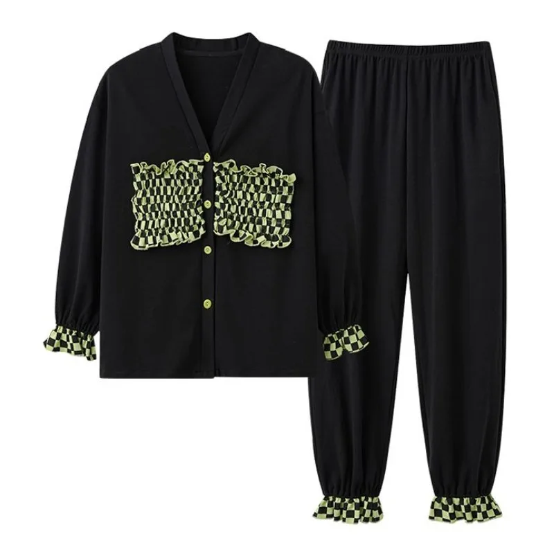 2024 New Pajamas Women Spring Autumn Pure Cotton Long-Sleeved Simple V-neck Sleepwear Set Female Casual Cardigan Homewear Suit