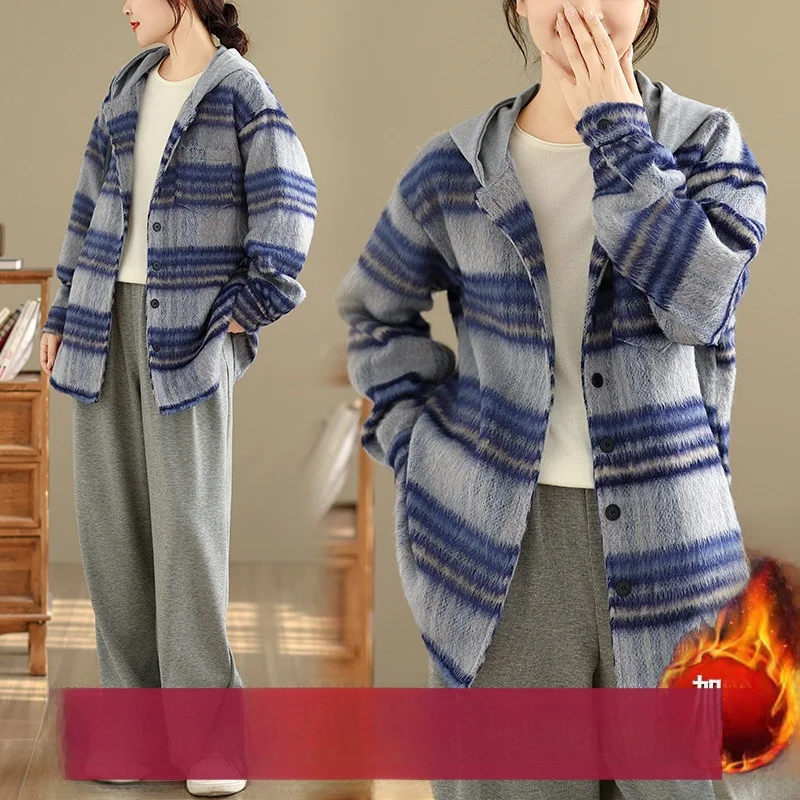 

Autumn Winter Korean Plaid Flannel Thiened Hooded irt Sle Lazy Casual Jaet Women's Outerwear Polyester Fiber Long Sve