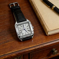 Montre à quartz pour homme avec chiffres romains carrés, boîtier en acier inoxydable de luxe, bracelet en cuir noir, montre-bracelet de style automatique, étanche, montre de cérémonie, affichage de la date, montre élégante, adaptée à un usage quotidien décontracté et formel pour les hommes. 5