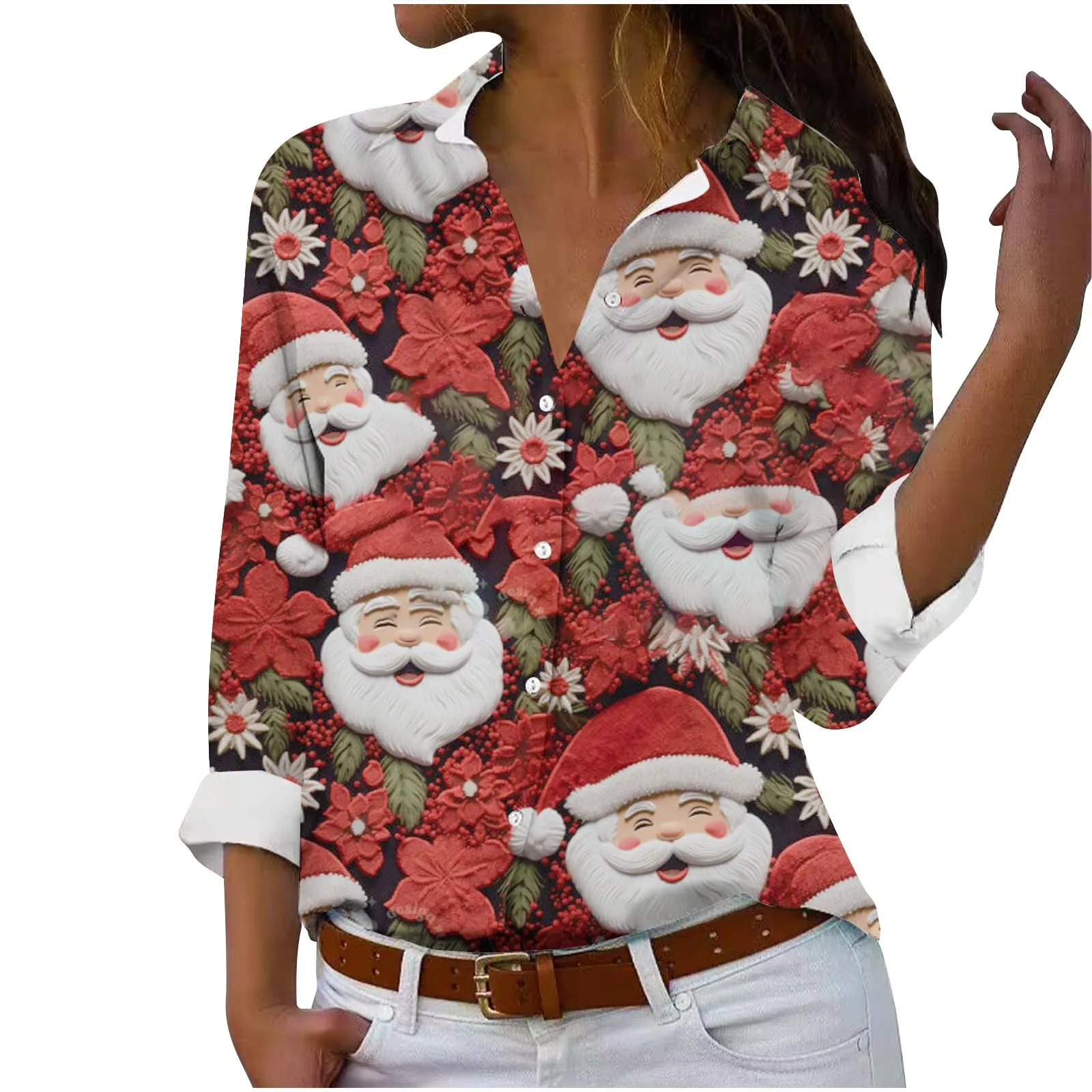 Woman Clothing Cheap Clothes Santa Clause Printing Long Sleeve Lady's Fashinon Top For Christmas Celebration Party.