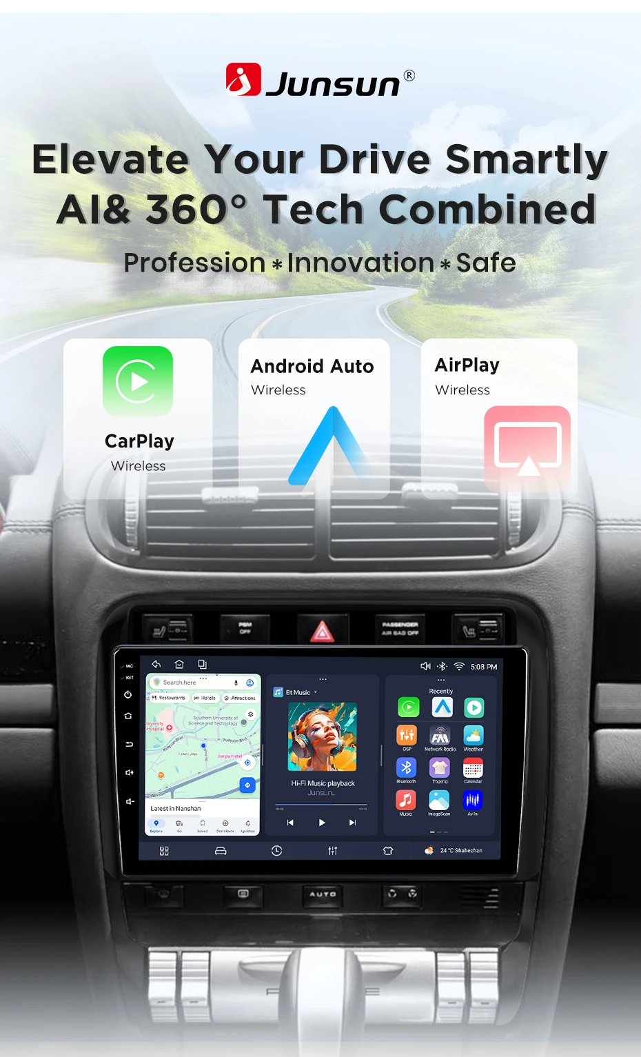 Junsun Android 15 Auto-Intelligenzsysteme für Porsche Cayenne 1 9PA 2002-2010 AI Wireless CarPlay für Apple Auto 9" IPS – Detail 3