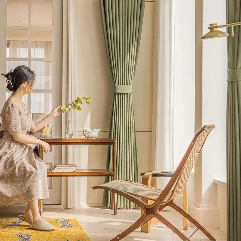 

Japanese Cotton Luxury Curtains for Living Dining Room Bedroom Modern Style Green Window Drapes French Decor Curtain White Tulle