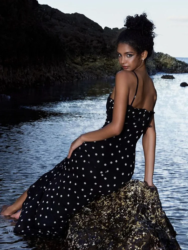 Nibber Summer Trend Slash Neck Dress Women Polka Dots Print Spaghetti Strap Solid Skinny Elegant Clubwear Maxi Bodycon Vestidos