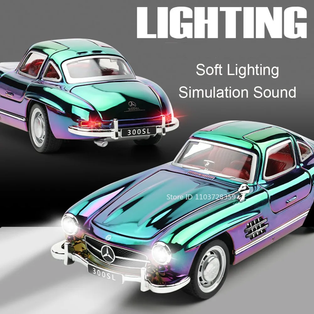 1:32 300SL ヴィンテージカーモデルおもちゃ 合金ダイキャスト サウンドライト ドアが開く プルバック式 精巧なインテリア オフィスデスク装飾品