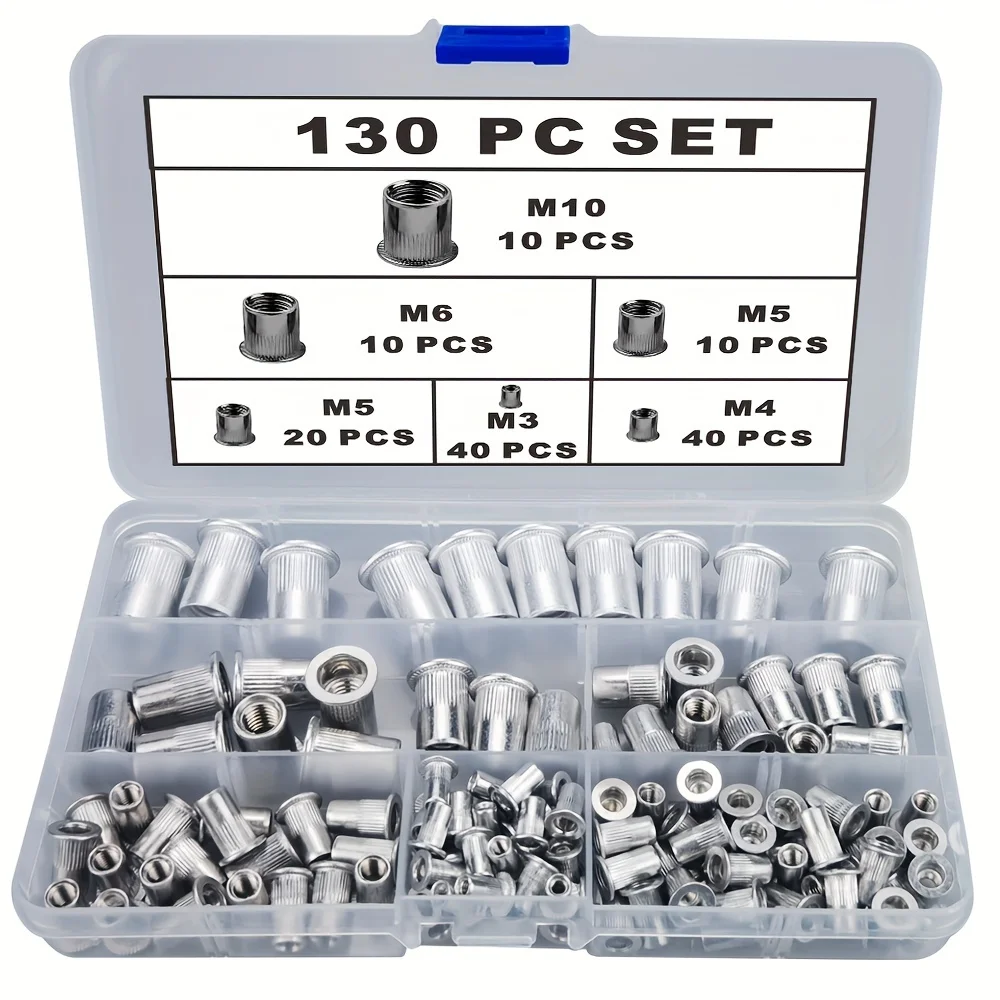 130pcs Rivet Nut Tool Kit Metric Combination Set Aluminum Knurled Flat Head Thread Insert Nut Set for DIY Projects
