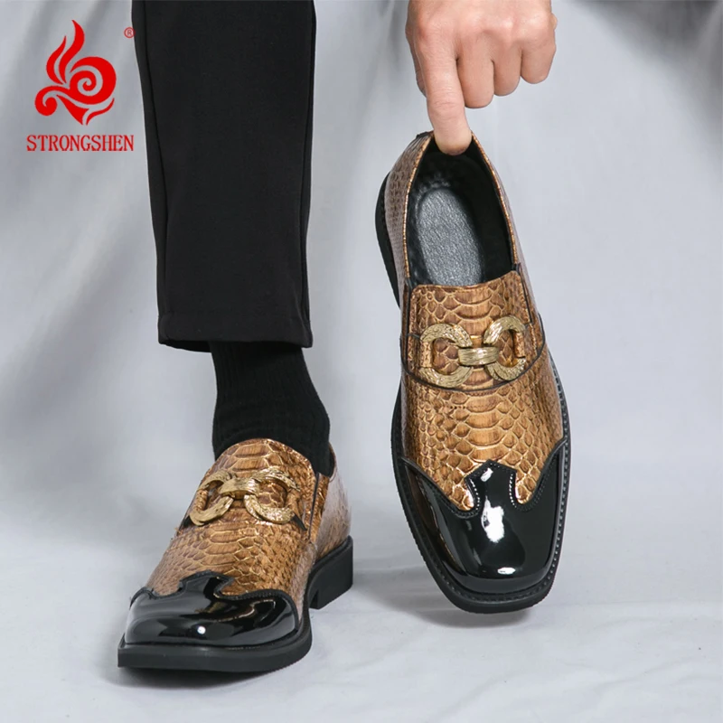 

STRONGSHEN Luxury Men Handmade Glossy Leather Shoes Loafers Comfortable Slip-On Dress Shoes for Wedding Party Casual Shoes