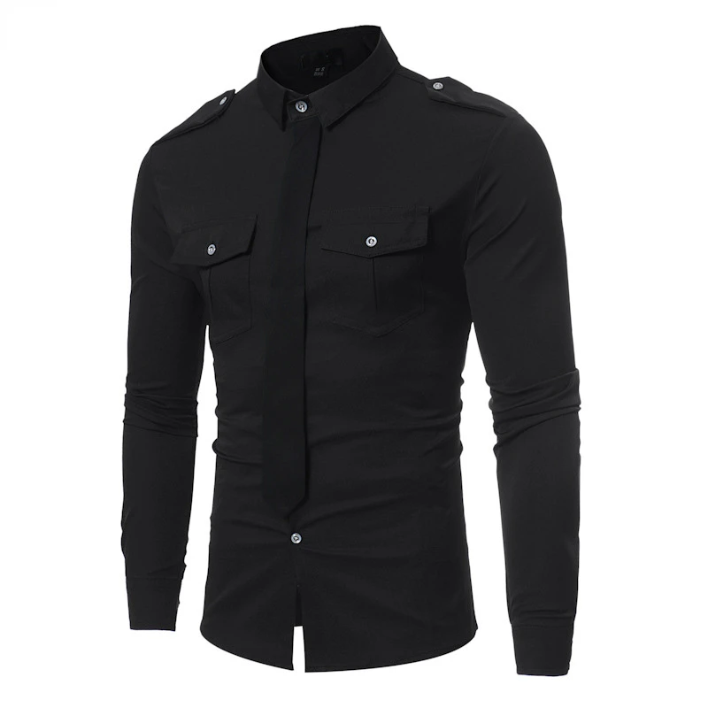 Double Pocket Military Style Black Shirt Men Casual Contrast Color Fake Tie Social Shirt Male Slim Fit Long Sleeve Chemise