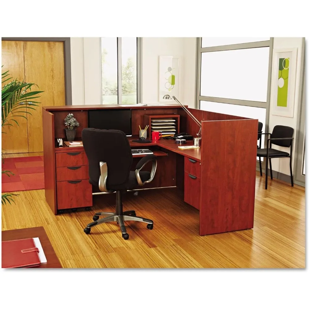 Front reception, brown, L-shaped, wood grain laminate