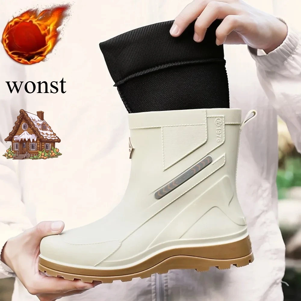 Botas de lluvia de invierno para exteriores, zapatos de goma cálidos de terciopelo antideslizantes especiales para exteriores de tubo medio para hombre, Botas de lluvia para pescar para hombre