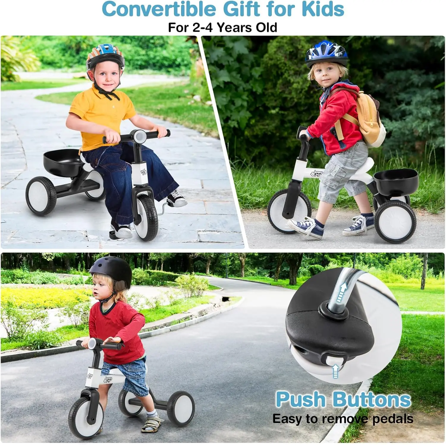 Driewieler, 3-In-1 Peuter Balansfiets Met Lichtgewicht Koolstofstalen Frame, Verwijderbare Pedalen En Opbergmand, Witte Babyfiets Peuters