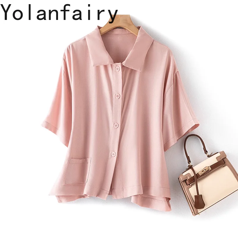 

YOLANFAIRY 70% Mulberry Silk 30% Cotton Shirts Female Summer Short Sleeved Shirts for Ladies Loose Pink Shirt tops de mujer