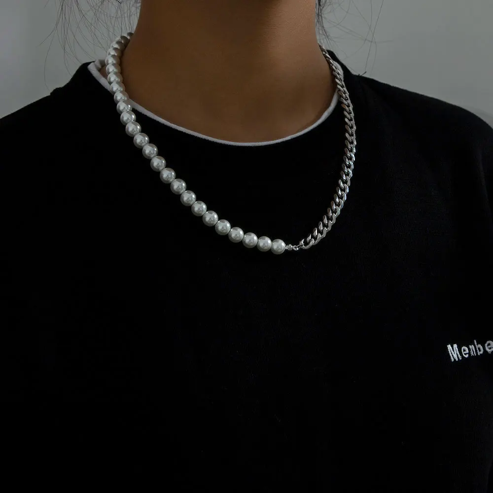 

Pearl Necklace for Men-Half Pearl Half Chain Necklaces Cuban Link Chains for Men Stainless Steel Jewelry