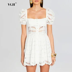 VGH Elegant Hollow Out Slim Short Dresses For Women Square Collar Puff Sleeve High Waist Spliced Button Temperament Dress Female