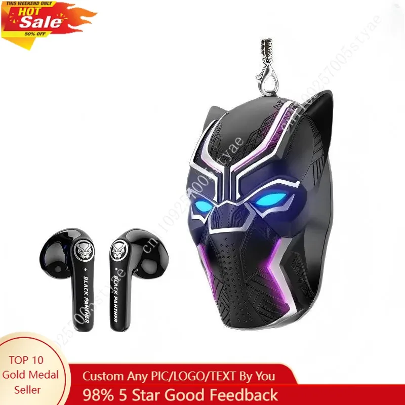 

Marvel 3D Black Panther Limited Edition Wireless Bluetooth Headphone Chain Pendant Cosplay 32H Battery Life RGB Semi‑In‑Ear
