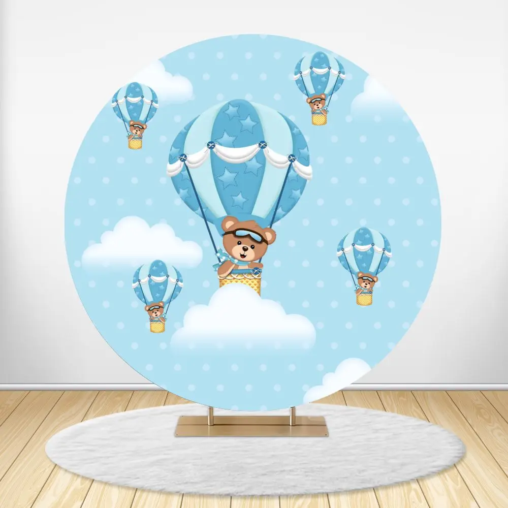 Blue Airplane Pilot Bear Round Backdrop Cover Boy Baby Shower 1st Birthday Party Decor Hot Air Balloons Background Plinth Covers