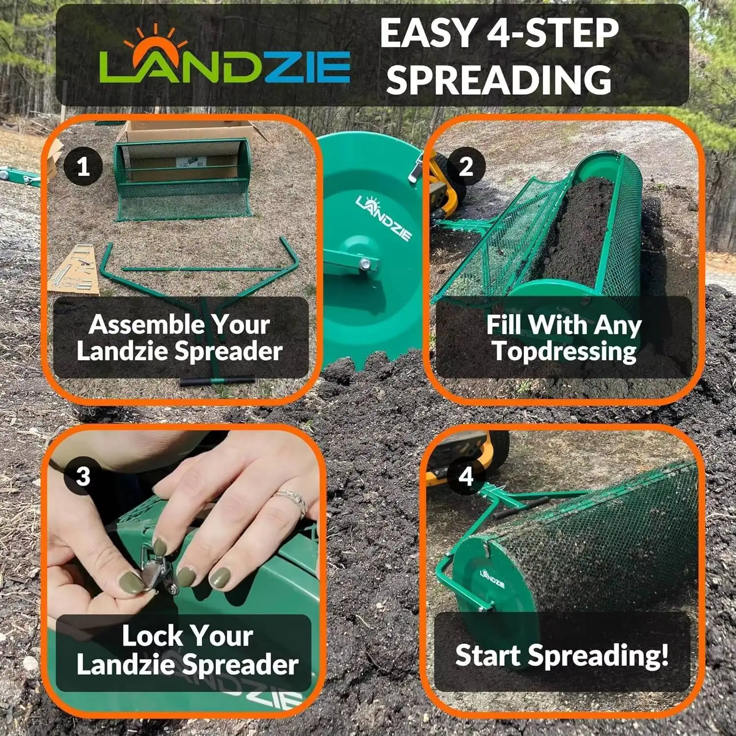 موزعات العشب والحديقة من LANDZIE - سلة شبكية معدنية شديدة التحمل مقاس 44 بوصة تعمل بالدفع/السحب - سماد، طحلب الخث، التربة العلوية، المهاد -