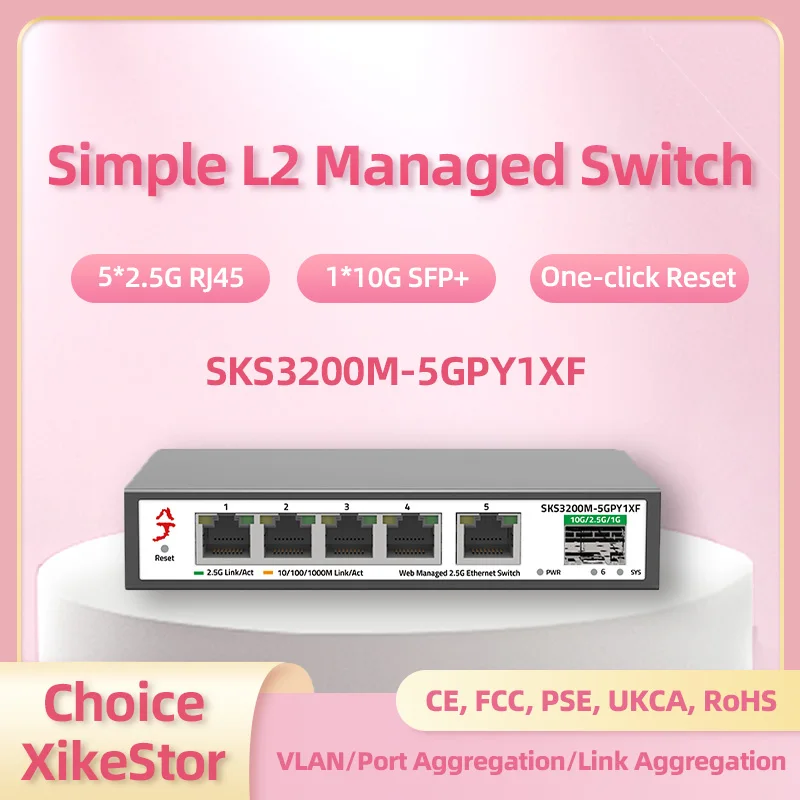 xikestor 2.5G Simple L2 Switch Web Managed 5 Ports 2.5g RJ45 and 10gbe SFP+ Slots Network Switch Plug and Play Fanless