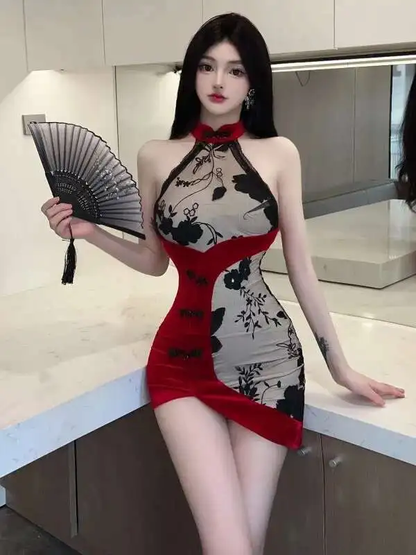 WOMENGAGA Embroidered Flowers Halter Neck Mini Dress Sexy Chinese Style Cheongsam Irregular Dress Elegant Women Fashion WB8K