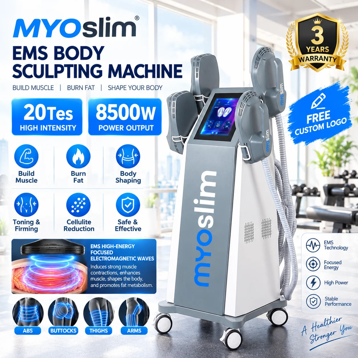 MYOslim 8500W EMS Body Sculpting Machine 200HZ Muscle Stimulation for Muscle Development Fat Burning And Weight Loss