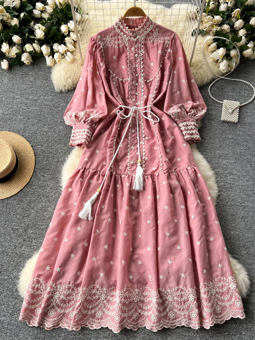 

Croysier Retro Fashion Floral Embroidery Vacation Long Dress Women Spring Long Sleeve Stand Collar Elegant Maxi Dress With Belt