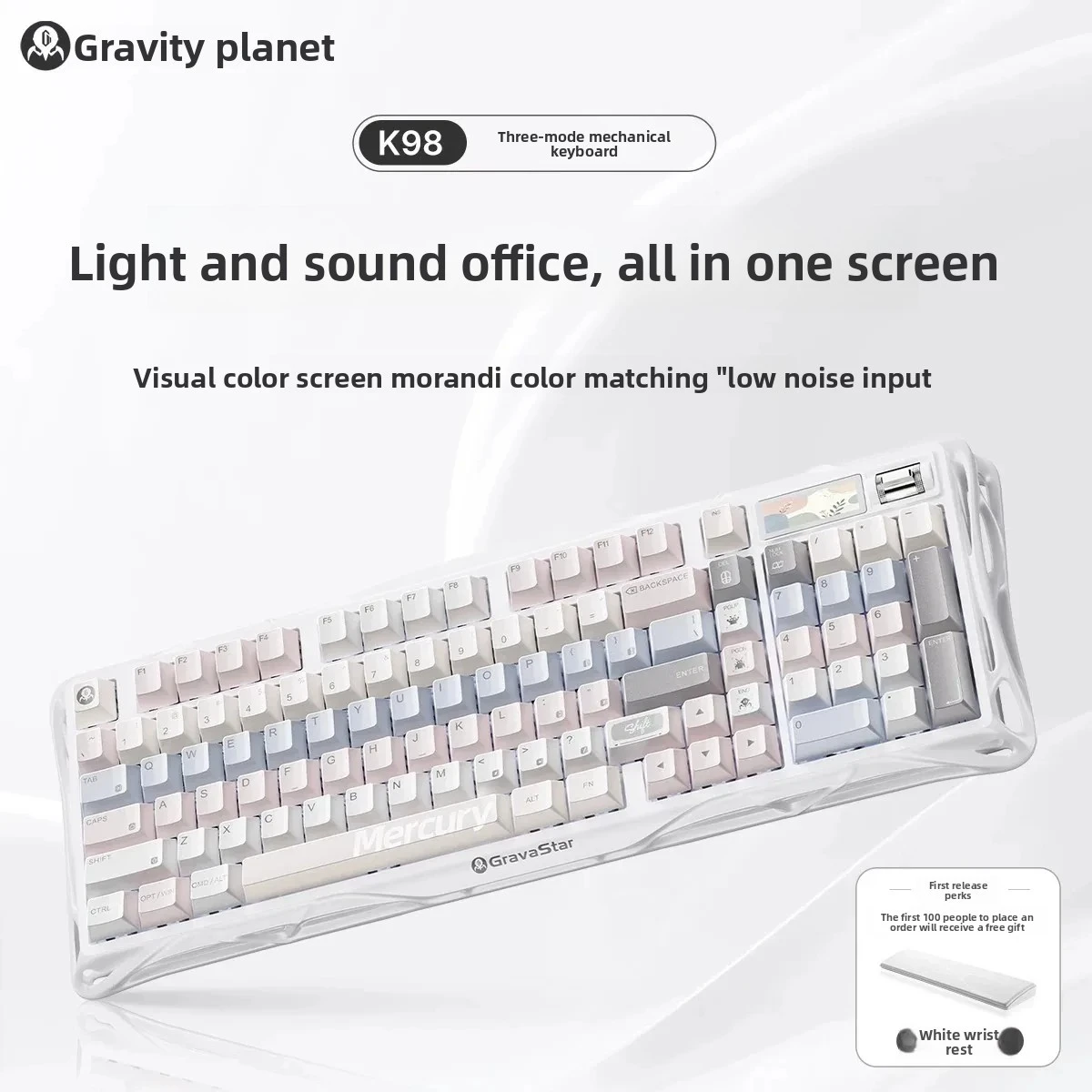 GravaStar K98 Mist‑Peach Mechanical Keyboard 98Keys Hot‑Swap RGB Backlit Triple‑Mode Gaming Keyboard For PC Notebook Esports Off