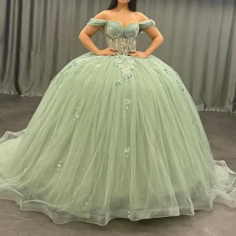 

Customized Green Shiny Quinceanera Dresses Off The Shoulder Applique Beads Tull Corset Party Birthday Sweet 16 vestidos de 15