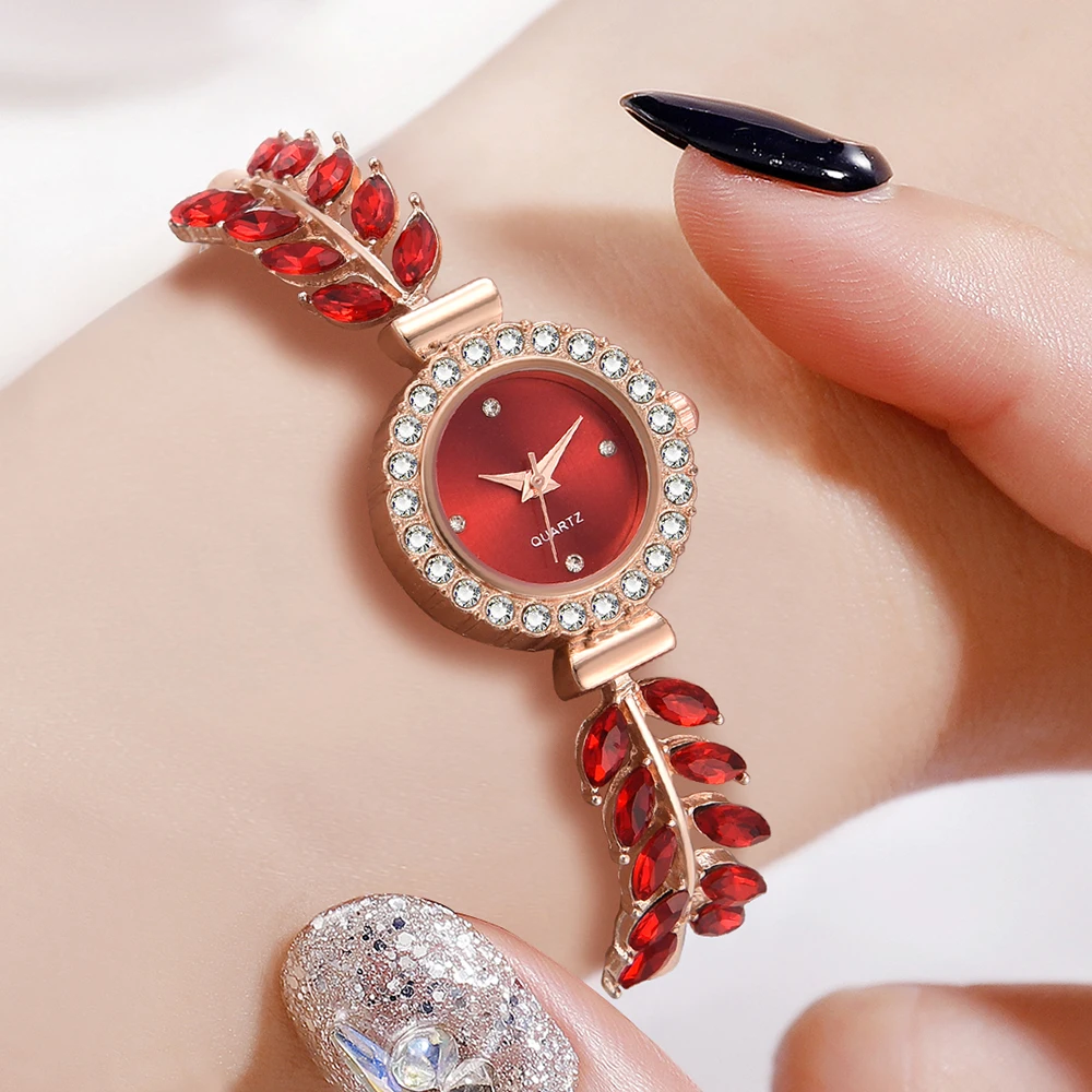 6PCS/Set Women Red Watch Fashionable Luxury Red Dial Quartz Wristwatch Alloy Strap Watch Red Gemstone Jewelry Set Gift For Mom