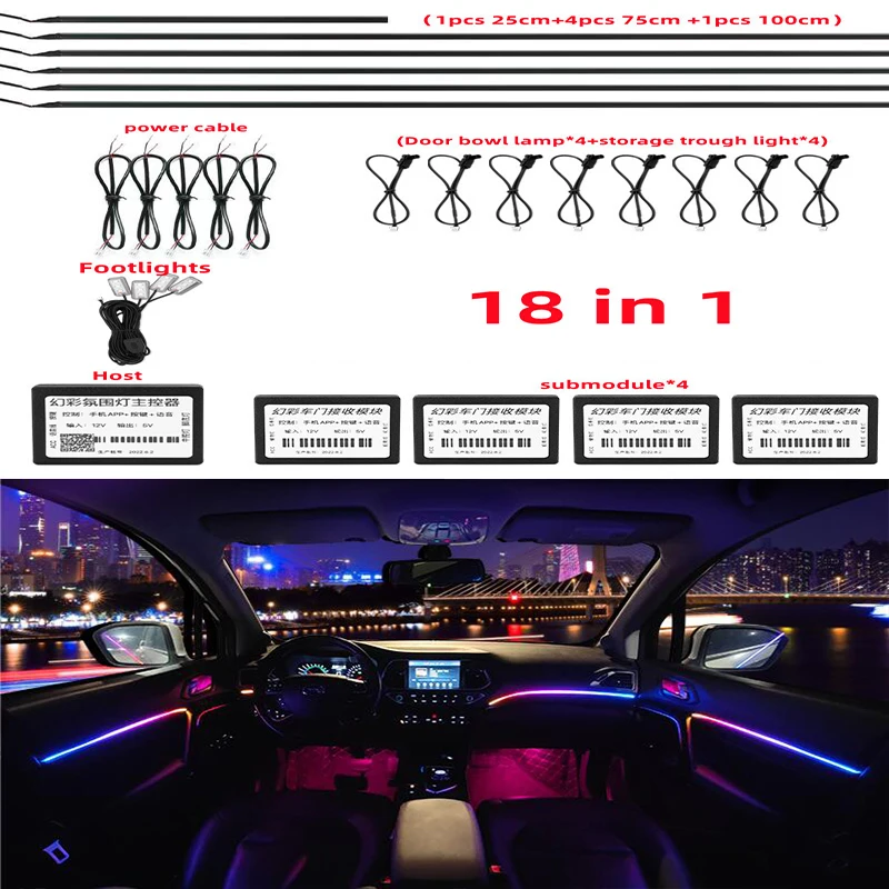 

18 In 1 Full Color Streamer Car Ambient Lights RGB 64 Color Universal LED Interior Hidden Acrylic Strip Symphony Atmosphere Lamp