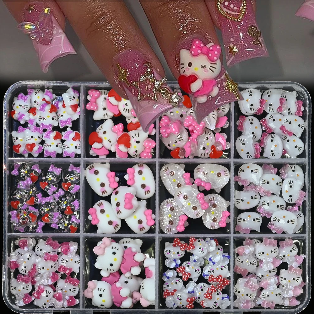 12 กริดผสม Sanrio การ์ตูนเรซิ่นเล็บ Charms ญี่ปุ่น Anime Kawaii Hello Kitty Kuromi สาว DIY เล็บ Rhinestones ตกแต่งเล็บ