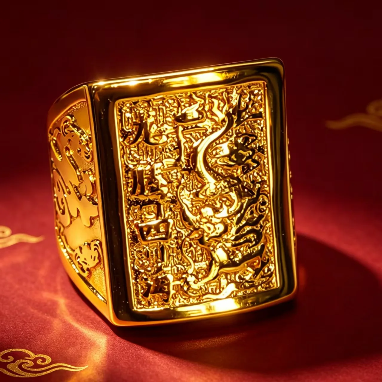 Classic oriental aesthetics shape this stylish ornament, men's dragon open ring manufactured with authentic high purity gold