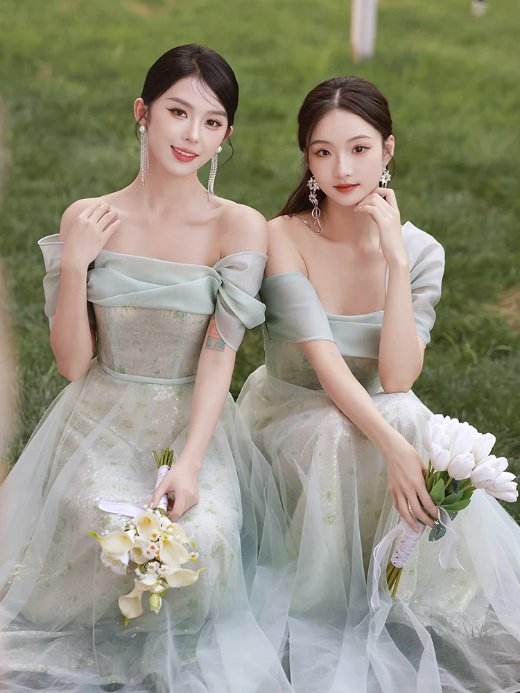 

Elegant Bridesmaid Dresses 2024 New Women's Green Slip Bow Slim Sequins Tulle A-line Wedding Party Gown Girl Prom Robes Vestidos