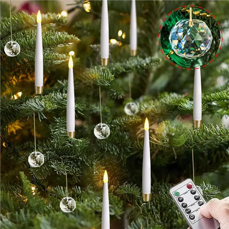 【CHRISTMAS 】24Pcs Flickering Remote 0.5In X 6In LED Short Taper Candles With 12 Crystal Ball Hooks,Flameless Warm Light Candlest
