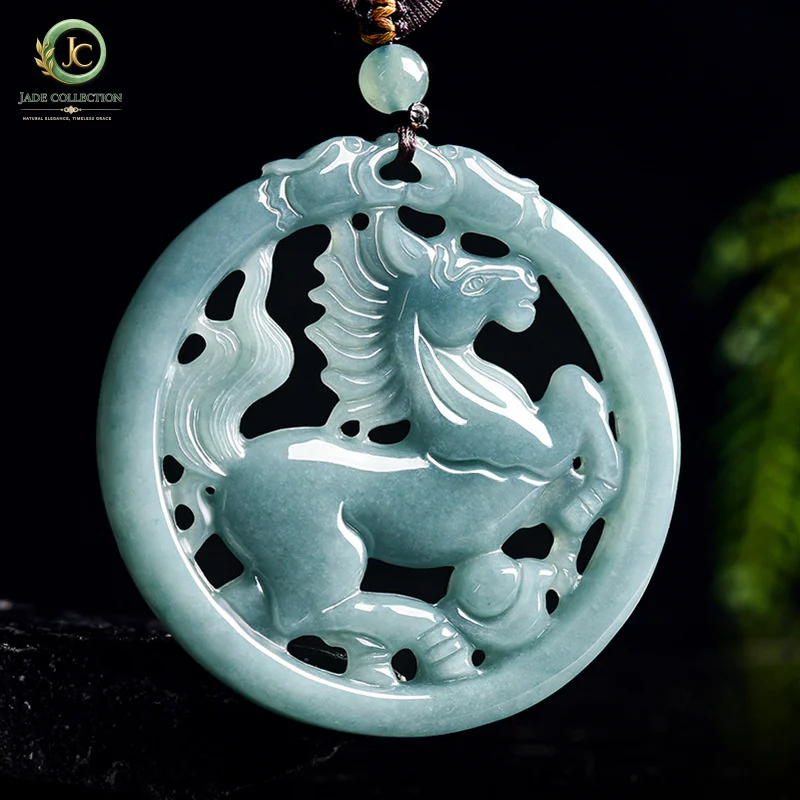 NaturalAJadeite blue water zodiac horse ingot hollow pendant, brings instant wealth, ice jadeite, unisex jade ornament