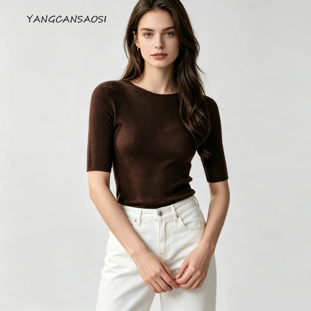 Women's Fashion Early Autumn New 60 Thread 18 Needle Knitted Seamless 100% Wool Half High Collar Short Sleeve Slimming Sweater