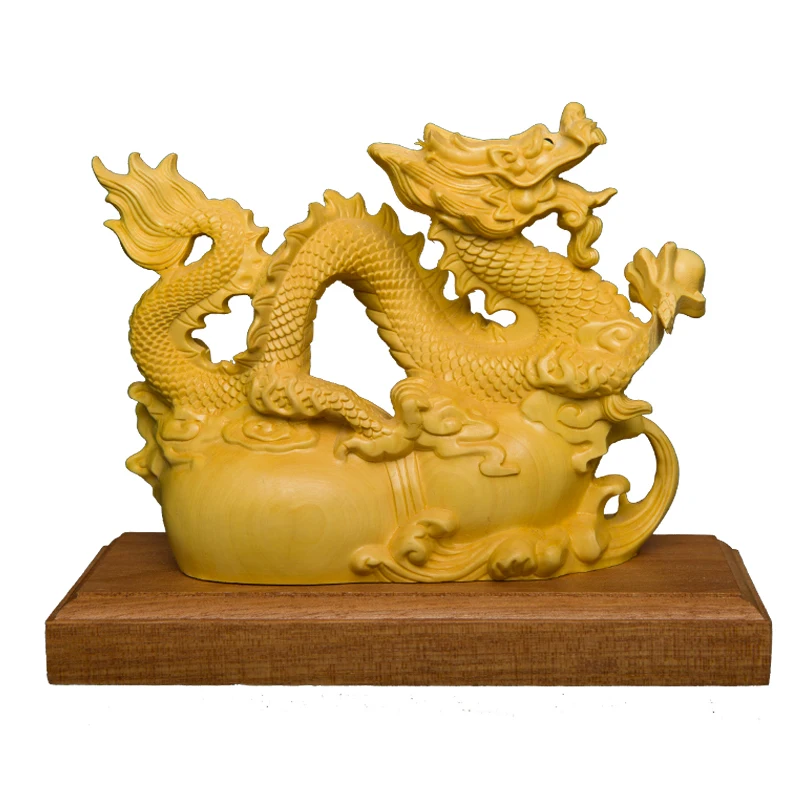 China lucky dragon statue Fu Lu animal sculpture wood carving Chinese home furnishings solid wooden carvings