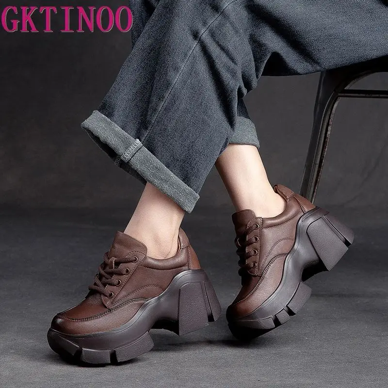 GKTINOO 2024 Women Shoes Handmade Retro 100% Genuine Leather Thick High Heel Chunky Platform Casual Height Increasing Shoes