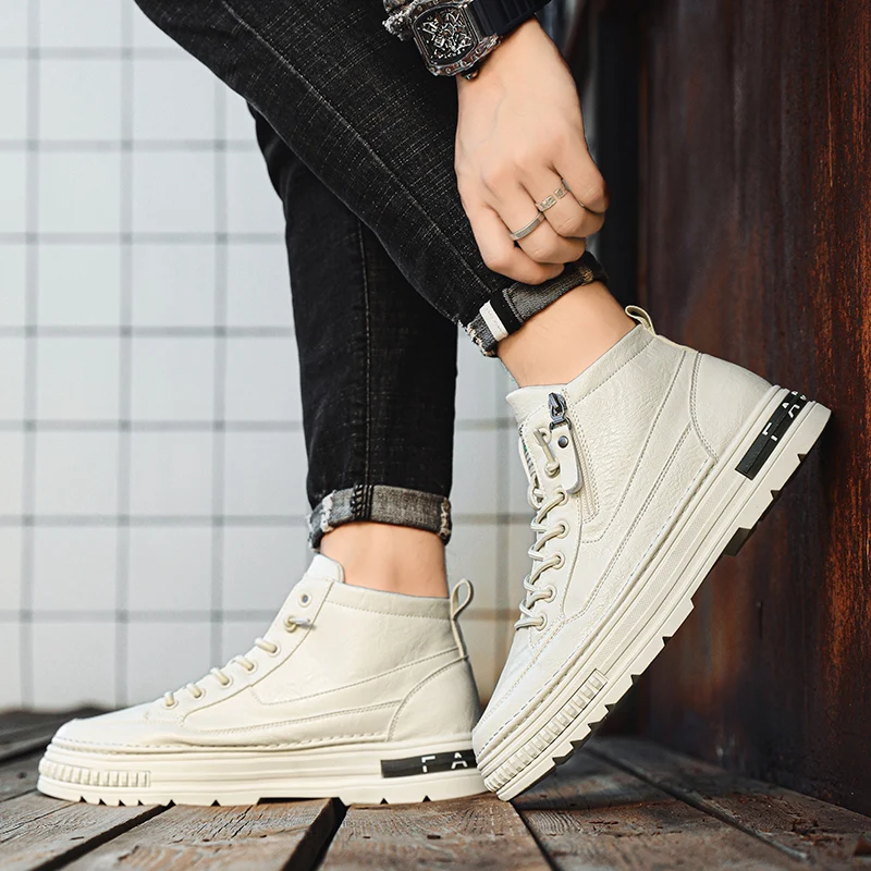 メンズカジュアルスポーツシューズ,小さな白い靴,ハイトップスニーカー,新しいトレンド,秋冬,2023
