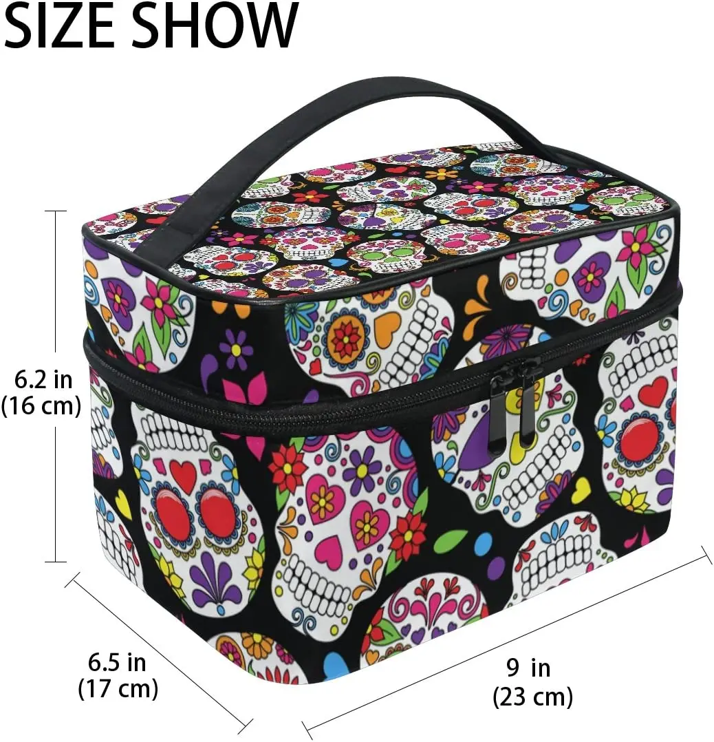 Day of The Dead Sugar Skull Cosmetic Bag Travel Makeup Train Cases Storage Organizer