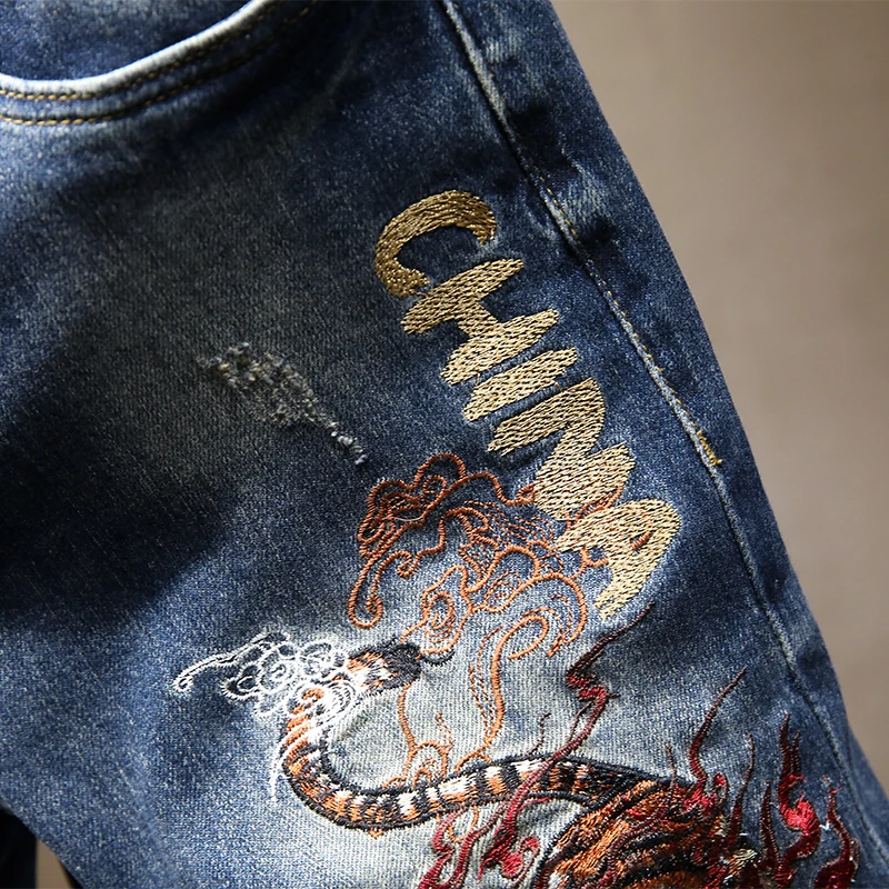2024 Spring New Chinese Style Embroidery Men's Jeans Slim Fit Ankle Tight Trousers Youth Street Trend Scratch Pants