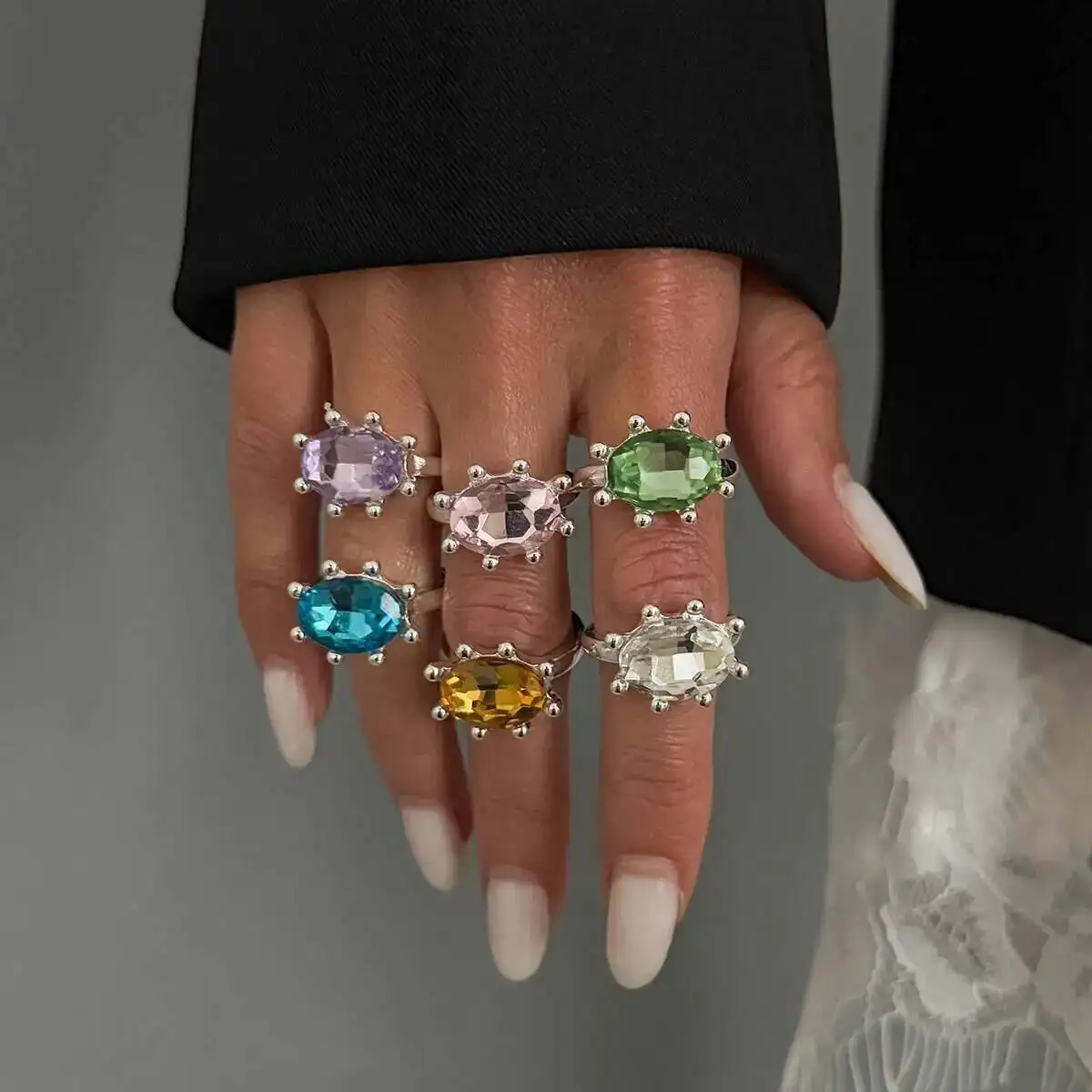 SHIXIN 2026 New Exquisite Colorful Rhinestone Open Rings Women Retro Acrylic Stack Adjustable Knuckle Ring Y2K Jewelry Accessory