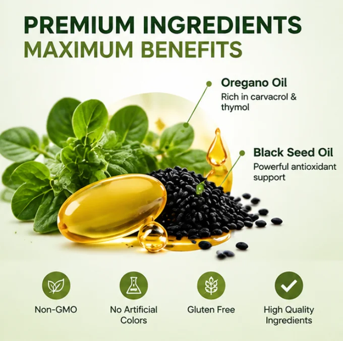Oil of Oregano with Black Seed Oil Capsules 6000mg,Natural Plant Supplement,Support Gut  Immune Wellness, 60 Softgels for Adults