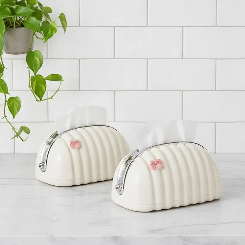 Cream Shell Shaped Tissue Box Cute Pink Bow Decor Textured Surface 1Pcs for Bedroom Living Room Bathroom Home Decoration