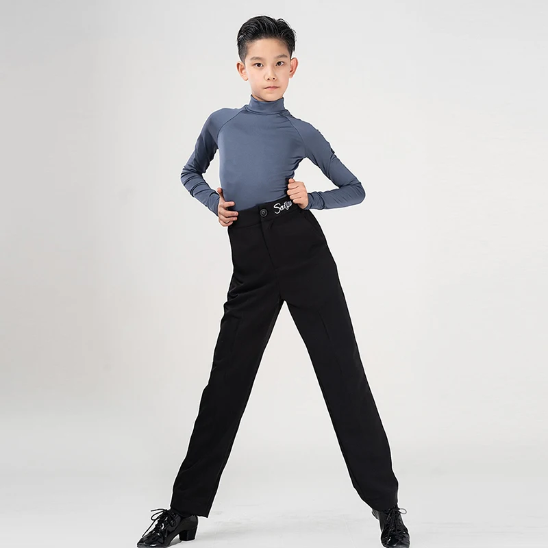 

New Boys' Latin Dance Training Costume Children's High-Neck Long Sleeves T-shirt Samba Ballroom Dancing Practice Clothes XH757