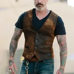 Autumn New Fashion Men Leather Jacket Vest Solid Color Sleeveless Button Jacket Motorcycle Vest Distressed Cool Men Clothing