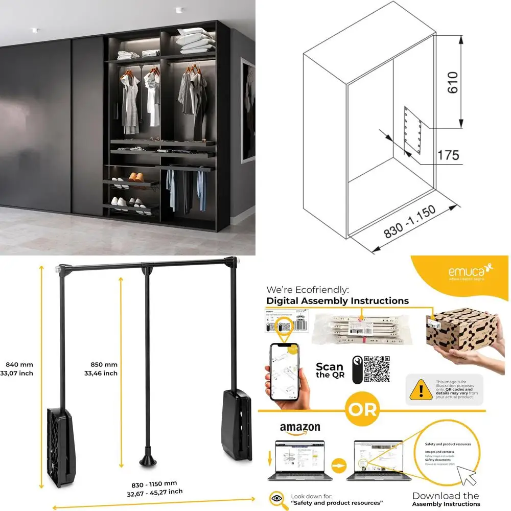 

Adjustable Width Steel and Plastic Hanging Wardrobe Rail, 32.6-45.27 (830-1150mm), Black