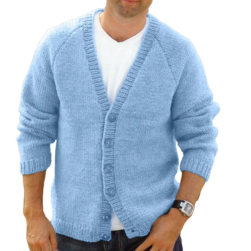 Mens Autumn Winter Solid V Neck Buttoned Knitted Cardigan Fashion Casual Sweater Solid Color Causal Top