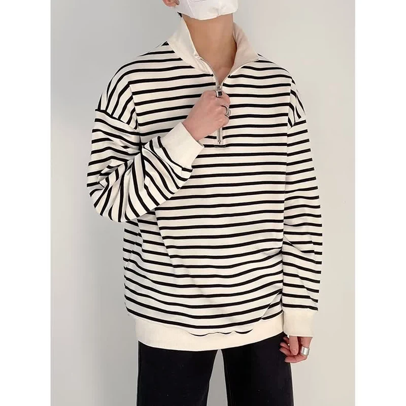 

Spring Striped Print Men Long Sleeves Half Zipper Stand Pullover Korean Chic Kpop Fashion Simple All-match Loose Clothing White