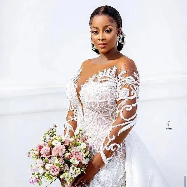 Customized Plus Size Mermaid 2025 Wedding Dresses With Detachable Train Beaded Lace Appliqued African Aso Ebi Bridal Gown Robe D