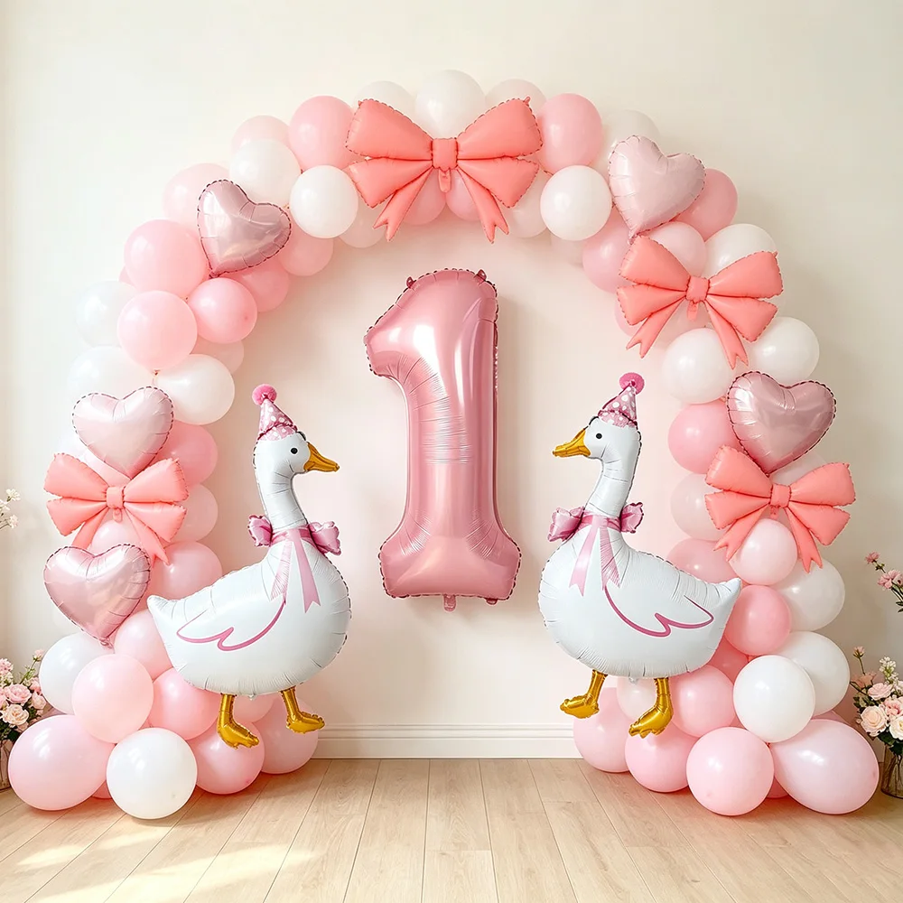 Pink Number Foil Balloons Set Cute White Goose 1 2 3 4 Number Digit Balloons for Farm Theme Birthday Party Supplies Decorations
