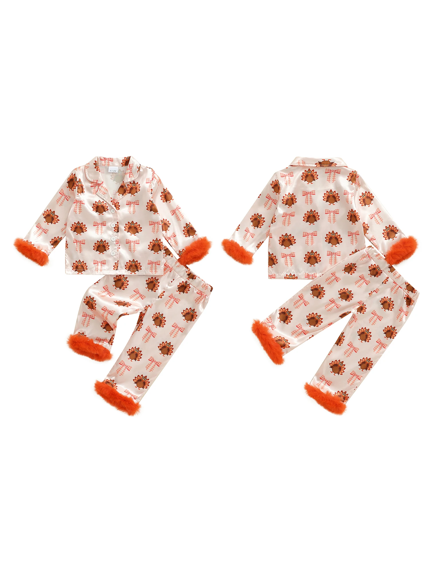 

Thanksgiving Toddler Girl Satin Pajamas Set with Turkey Print Bow Detail Long Sleeve Button Down Tops and Pants for Fall
